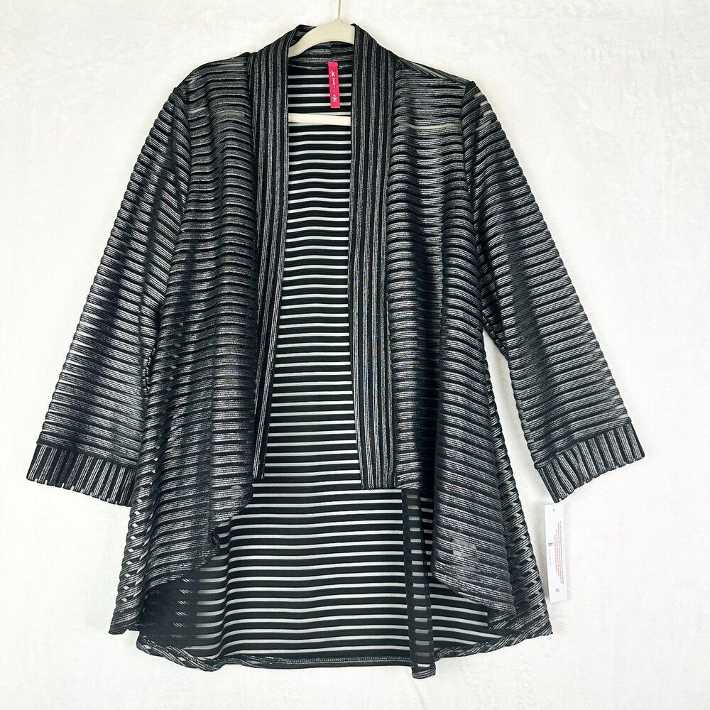 IC By Connie K Sheer Mesh Metallic Stripe Open Front Jacket Size XL NWT Black